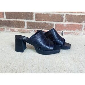 size 6.5 vintage y2k BLACK STITCHED Peep Toe PLATFORMS chunky leather square toe